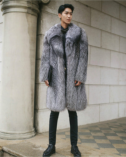 Luxury Artifical Fox Fur Plus Sizes Long Overcoat for Men