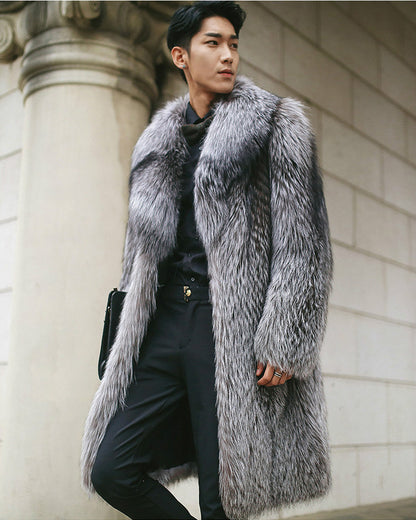 Luxury Artifical Fox Fur Plus Sizes Long Overcoat for Men