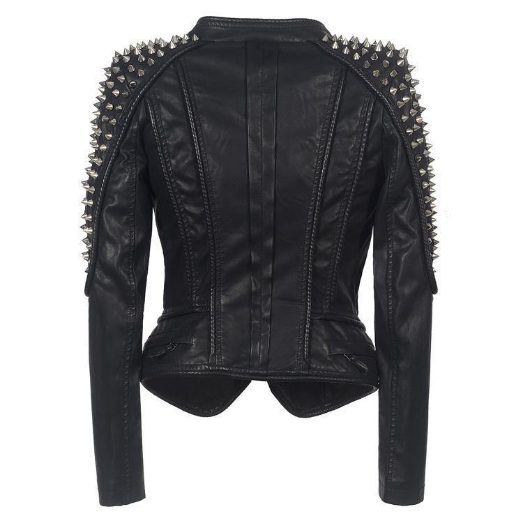Black Punk Style Rivet Leather Jacket-STYLEGOING