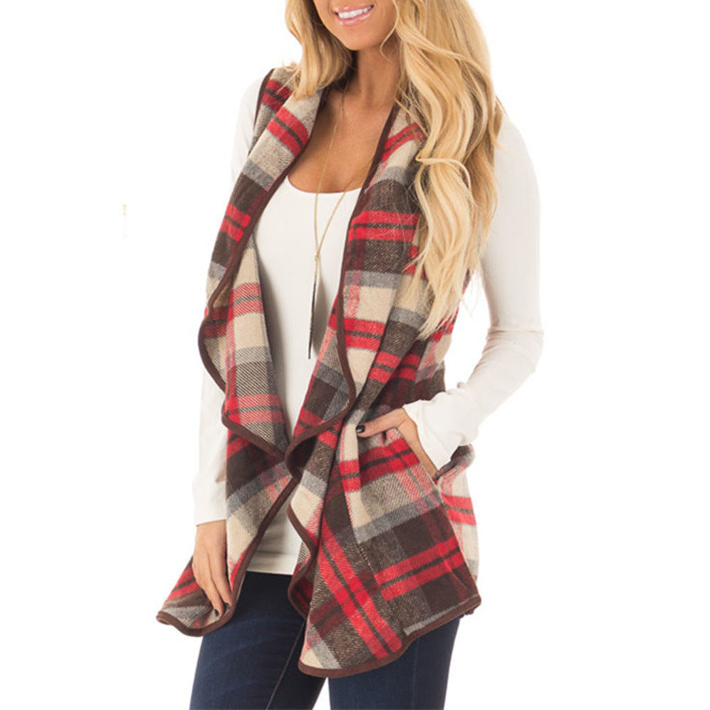 Women Plaid Pocket Cardigan Vest Coat