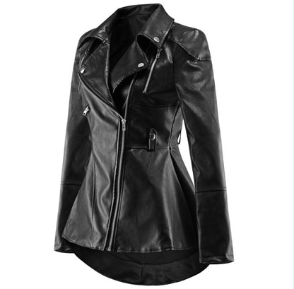 Women Black PU Leather Jacket Coat with Tail