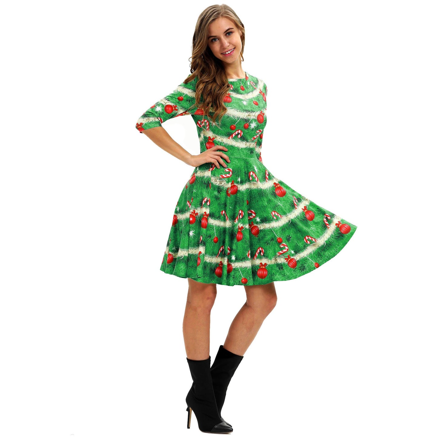 Merry Christmas Print Long Sleeves Fashion Dresses