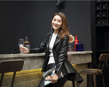 Women Black PU Leather Jacket Coat with Tail