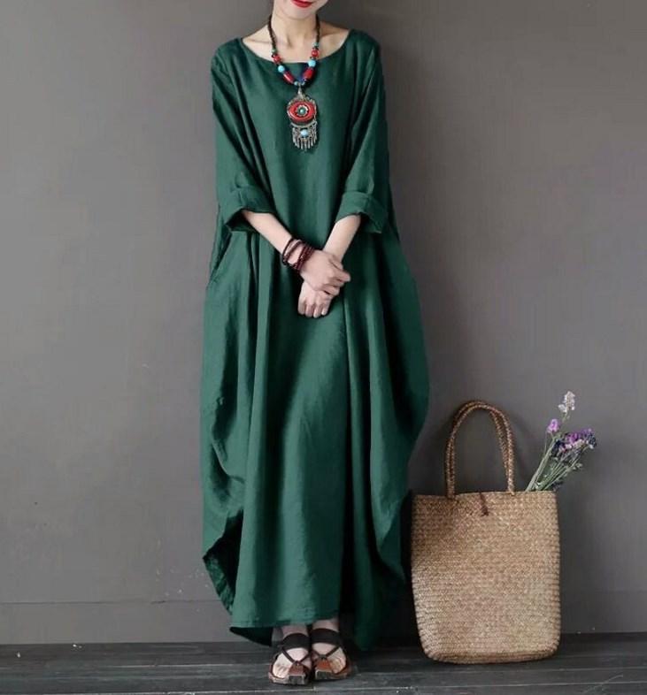 Plus Size Loose Linen Long Cozy Dresses-STYLEGOING