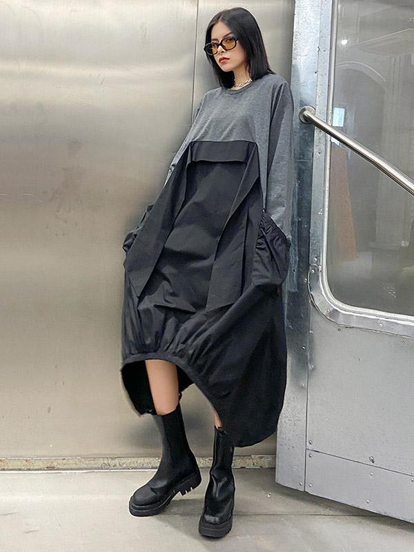 Loose Split-Joint Round-Neck Long Dress-STYLEGOING