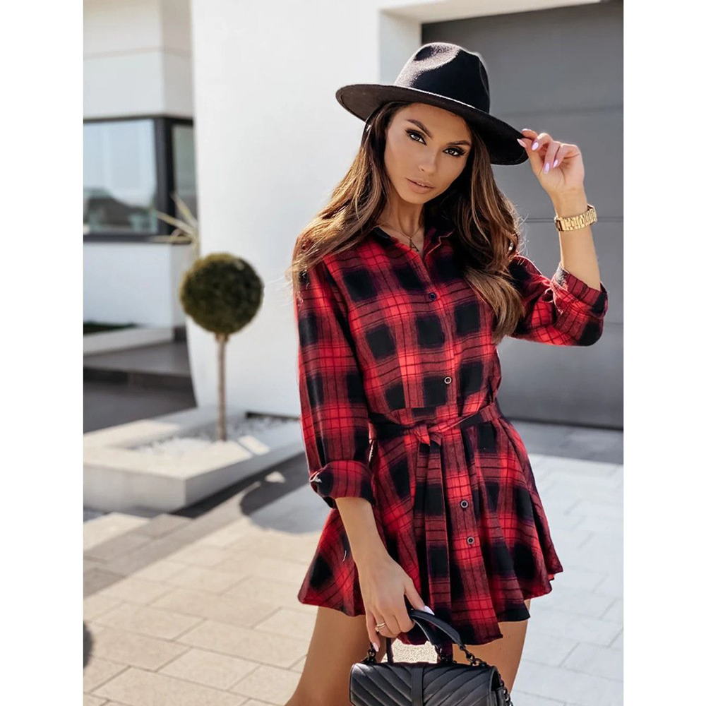 Women Plaid Design Fall Long Sleeves Shirt Dresses-STYLEGOING