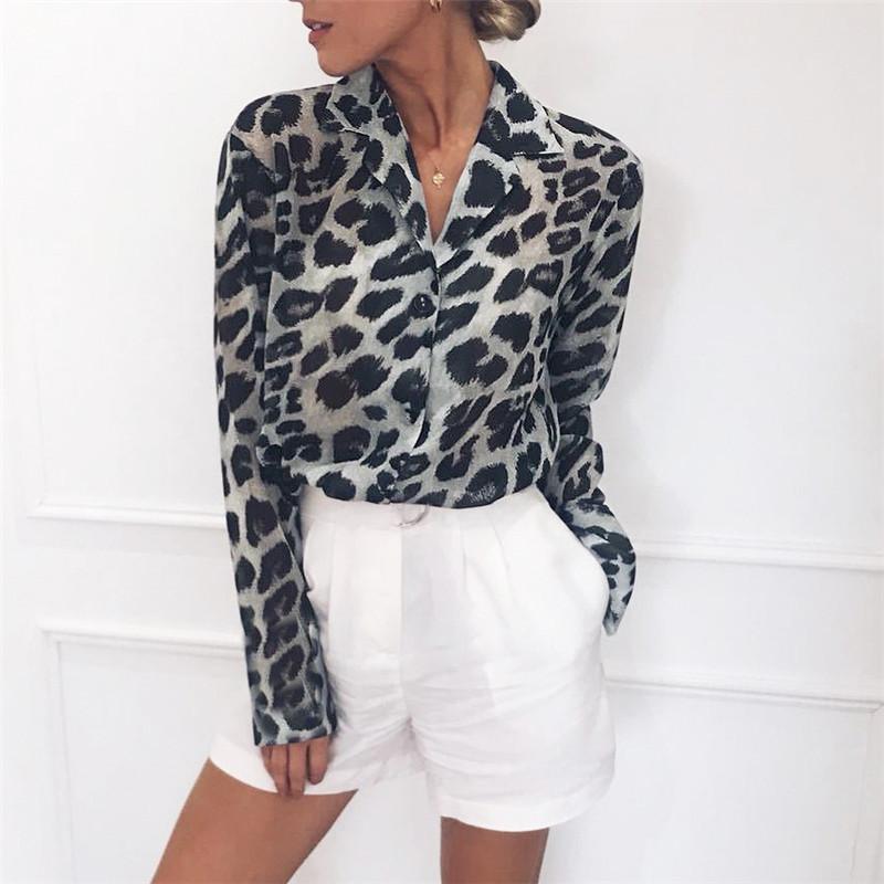 Casual Long Sleeves Leopard Print Chiffon Shirts-STYLEGOING