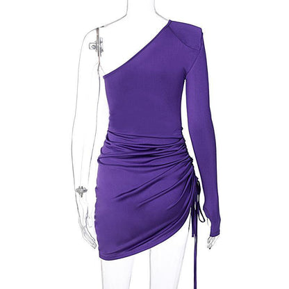 One Shoulder Bodycon Drawstring Mini Dress-STYLEGOING