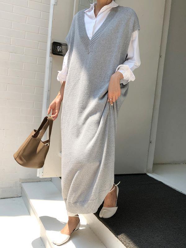 Knitting Loose V-Neck Sleeveless Long Dress-STYLEGOING