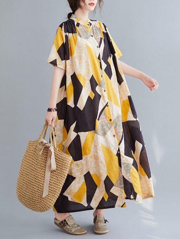 Printed Stand Collar Long Dress-STYLEGOING