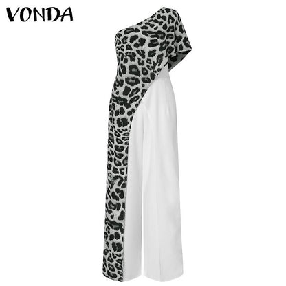 Sexy One Shoulder Leopard Print  Long Women Jumpsuits