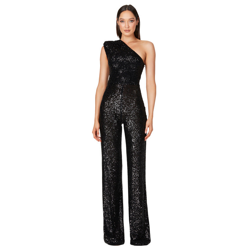 Sexy One Shoulder Sequined Jumpsuits