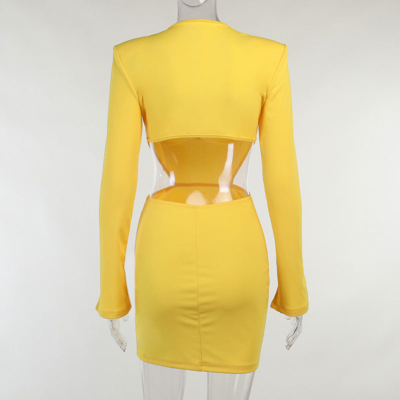 Women Sexy V Neck Midriff Long Sleeves Dresses