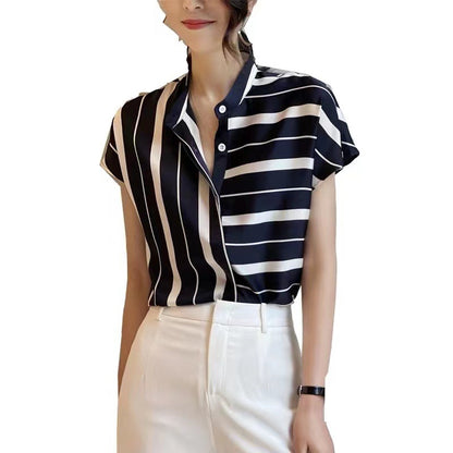 Women Chiffon Striped Stand Collar Short Sleeves T Shirts