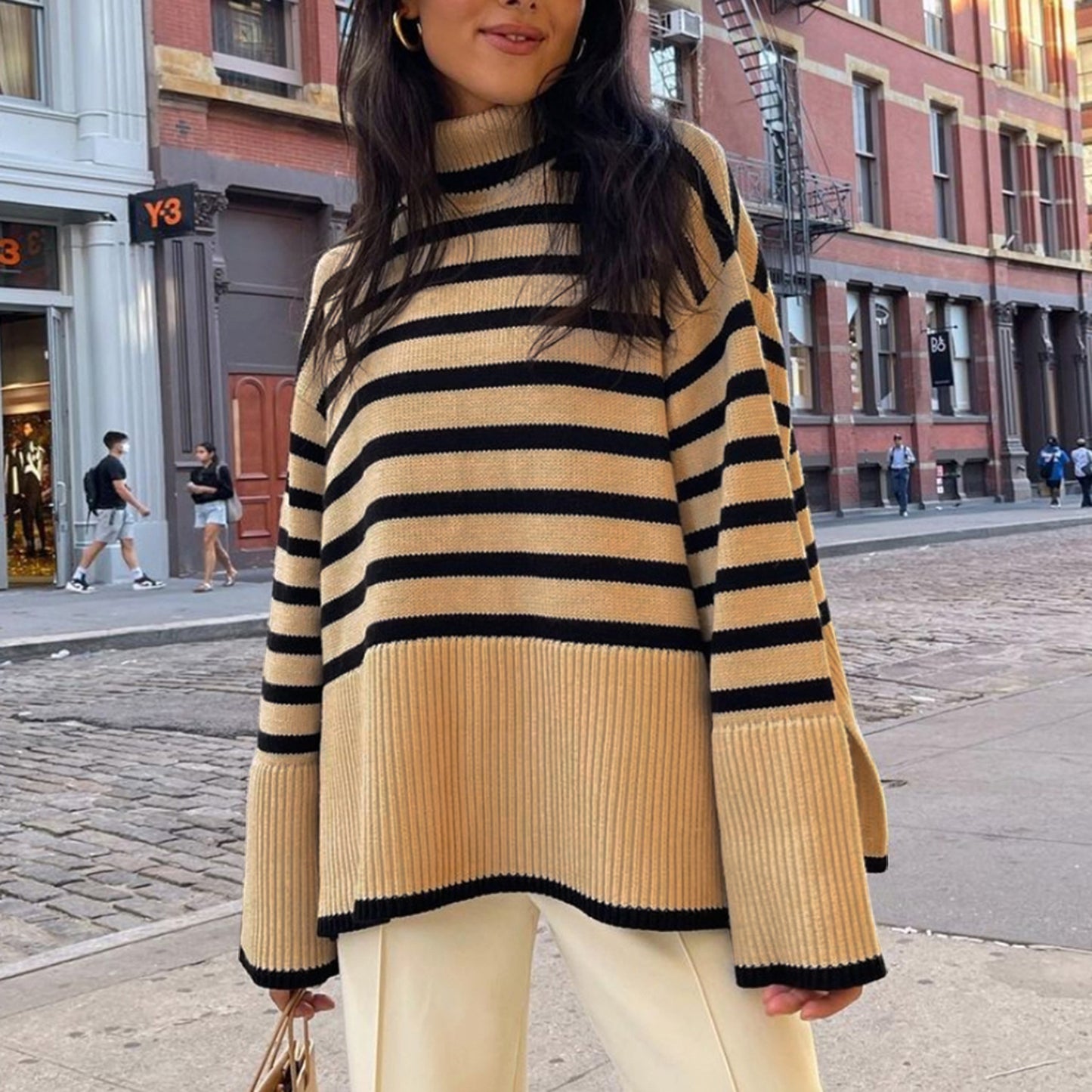 Women High Neck Knitting Striped Sweaters