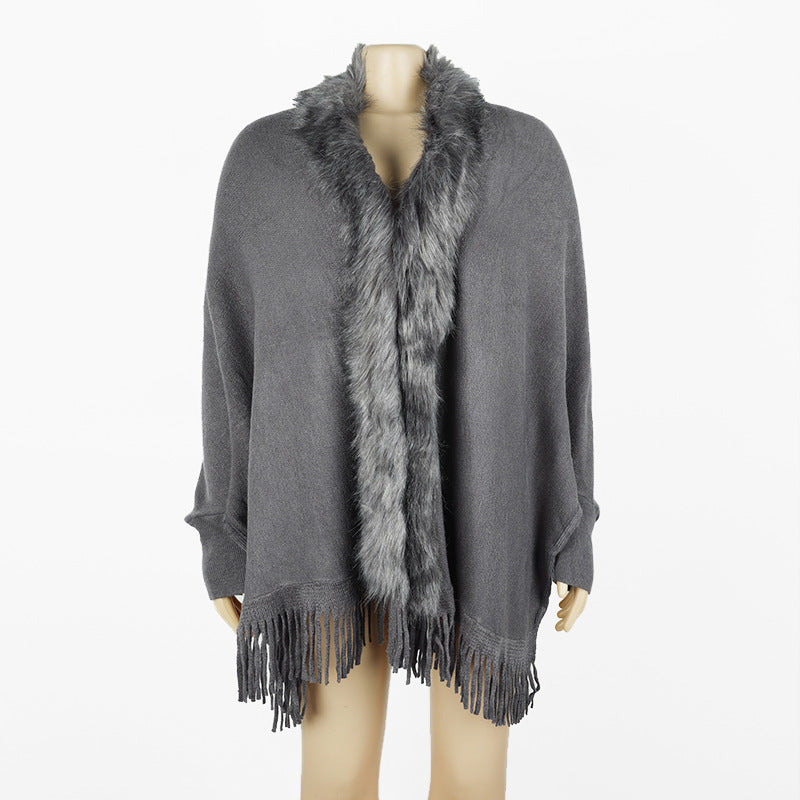 Women Winter Tassels Fur Collar Cardigan Overcoat