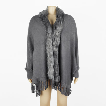 Women Winter Tassels Fur Collar Cardigan Overcoat