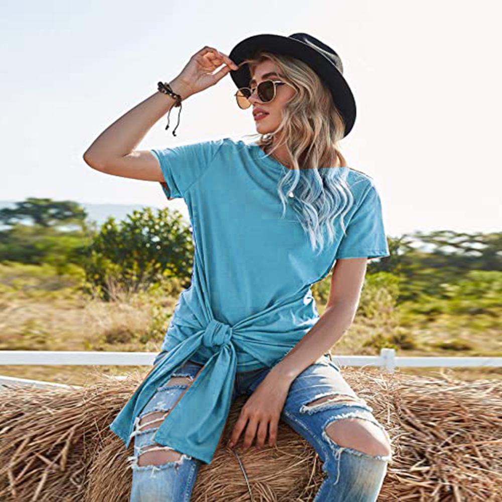 Women Summer Round Neck Bowknot T-Shirts-STYLEGOING