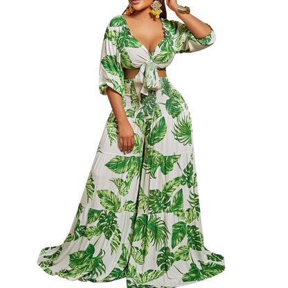 Casual Leaf Print Two Pieces Women Suits