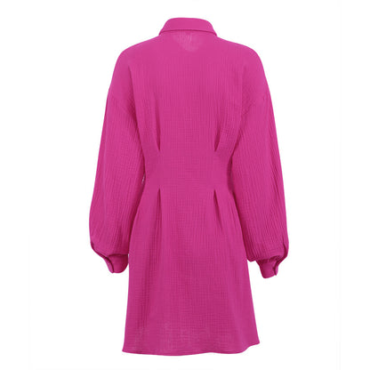 Rose Red Cotton Long Sleeves Short Women Shrit Dresses