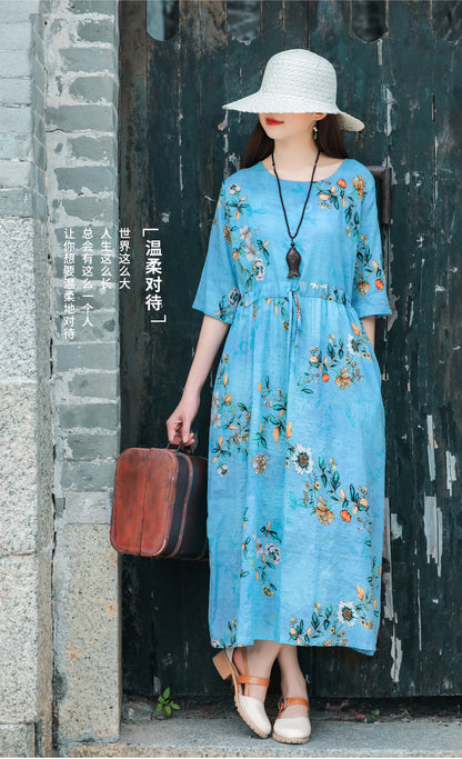 Ethinc Line Summer Half Sleeves Women Long Dresses