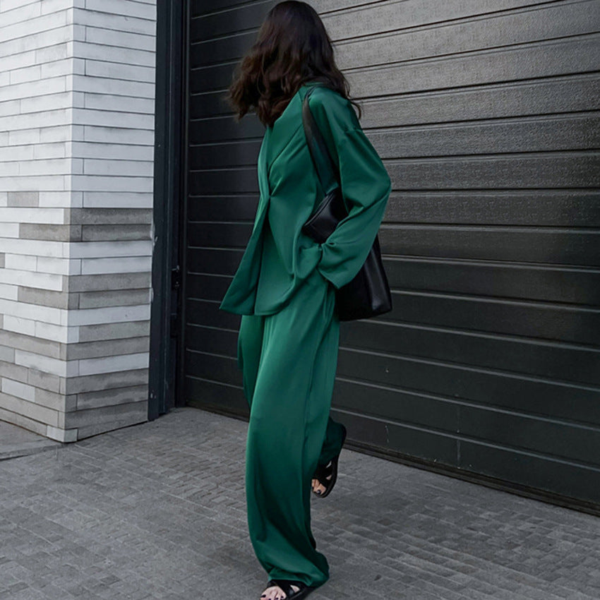 Casual Long Sleeves Blazers and Pants Green Fall Outsuits