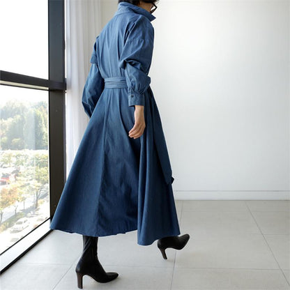 Blue Long Sleeve Loose Demin Shirts Maxi Dresses-STYLEGOING