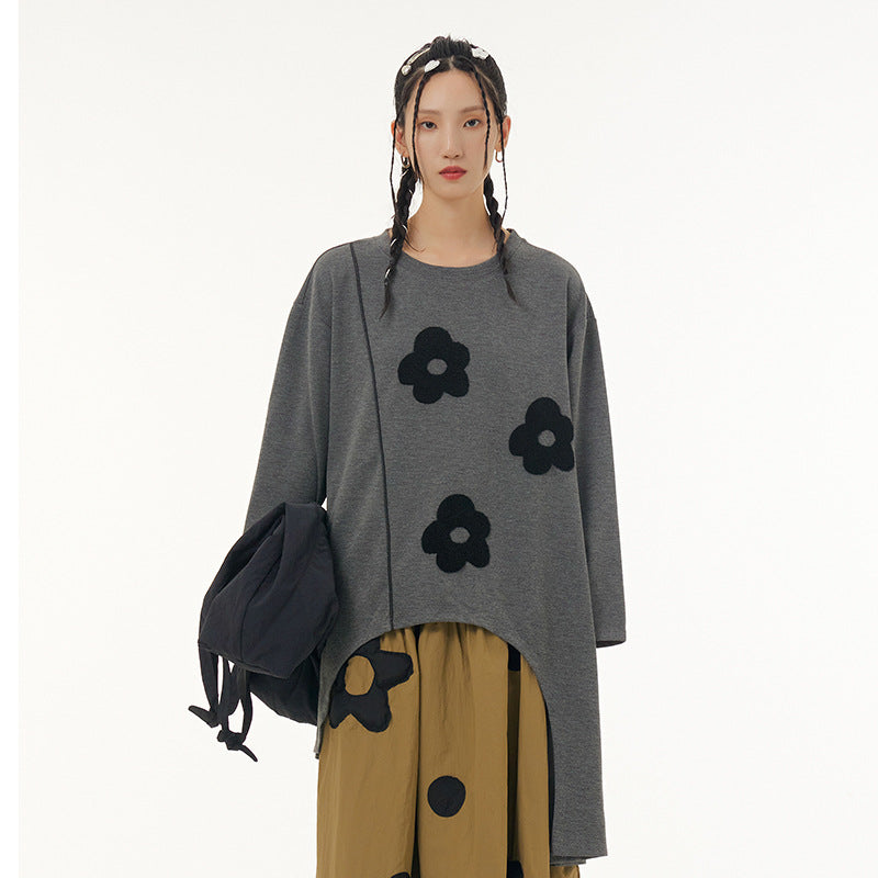 Gray Flowers Irregular Pullover Top Sweaters