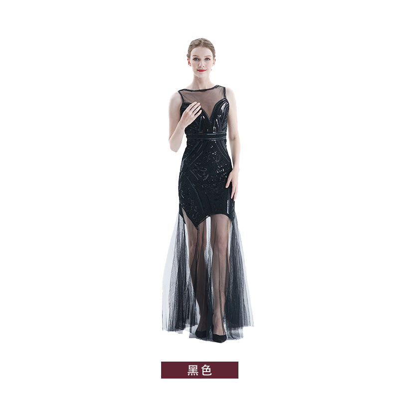 1920s Vintage Sequined Tulle Evening Party Long Dresses