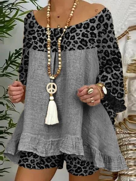 Plus Size Sumemr Leopard Linen Blouses&Shorts Suits-STYLEGOING