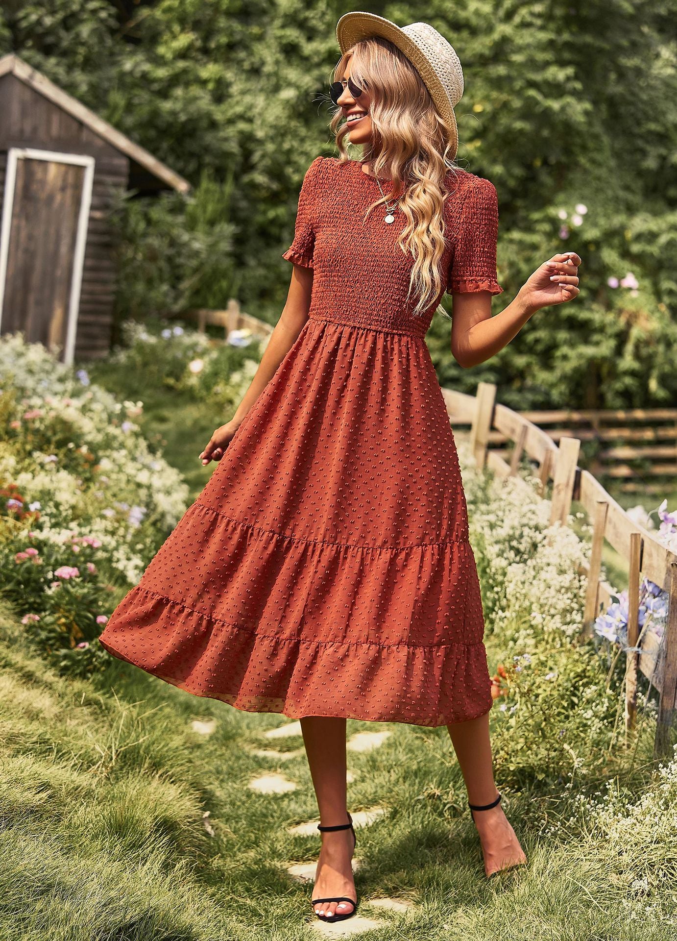Elegant Short Sleeves Midi Dresses
