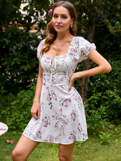 Summer Square Neckline Floral A Line Short Dresses