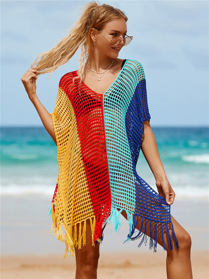 Colorful Knitting Crochet Tassels Swimwear Cover Ups for Women