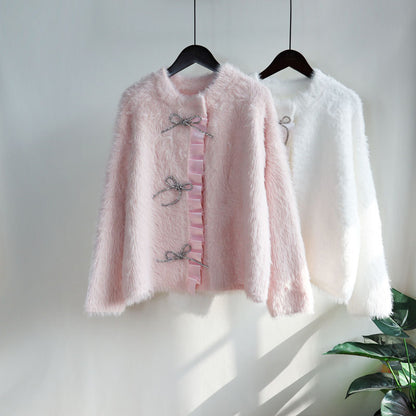 Lovely Mink Wool Bowknot Design Women Overcoat