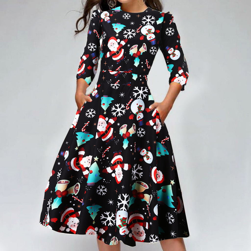 Merry Christmas Round Neck 3/4 Length Short Dresses