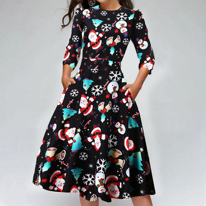 Merry Christmas Round Neck 3/4 Length Short Dresses