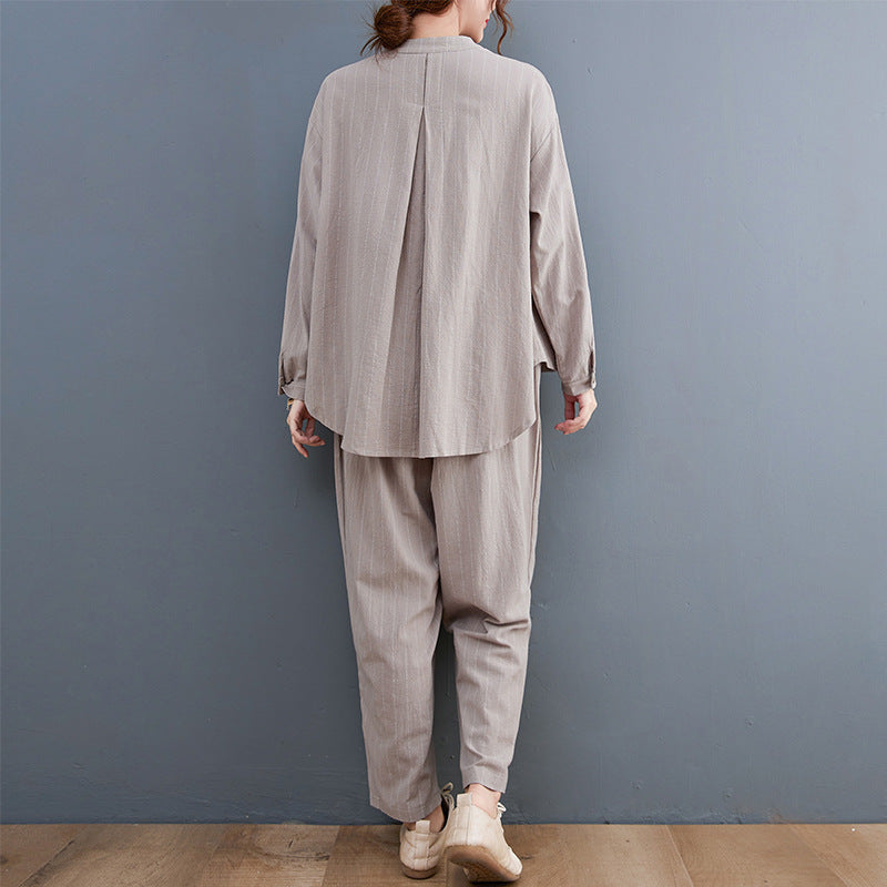 Vintage Striped Linen Plus Sizes Two Pieces Suits