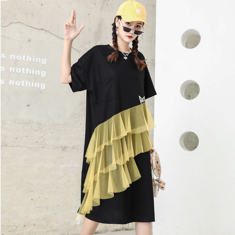 Designed Tulle Decoration Summer Women Loose Plus Sizes Midi Dresses