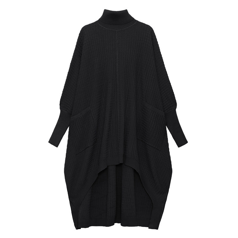 Women High Neck High Low Designed Knitted Long Cozy Dresses