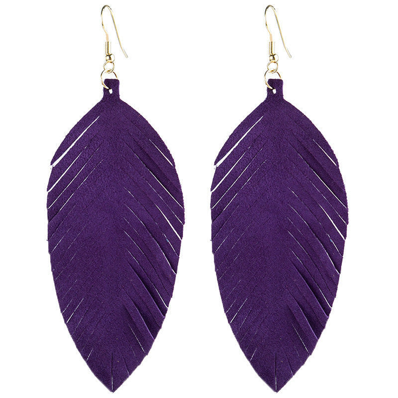 Leaves Designed Tassels Pu Leather Women Earrings