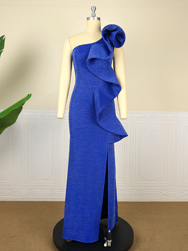 Women One Shoulder Split Front Ruffled Evening Party Dresses
