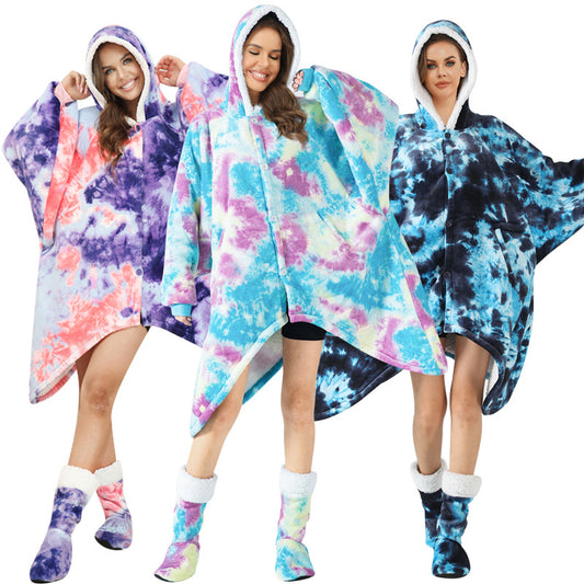 Dyed Lazy Wearable Fleece Throw Blanket Cape with Socks