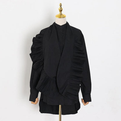 Women Stand Collar Pleat Designed Shirts-STYLEGOING