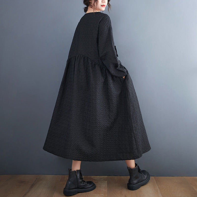 Vintage 3D Flower Black Long Cozy Dresses