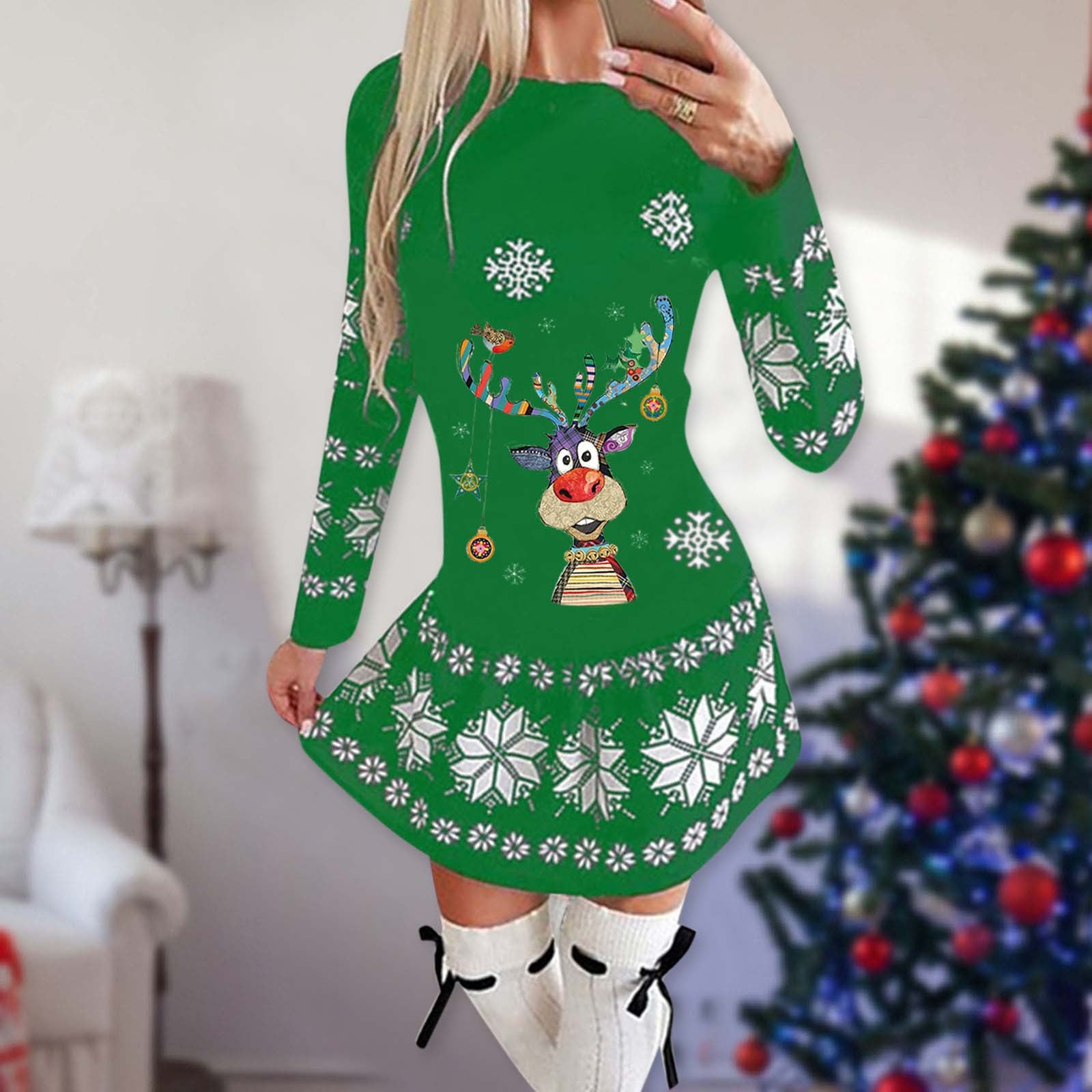 Merry Christmas Print Women Long Sleeves Dresses