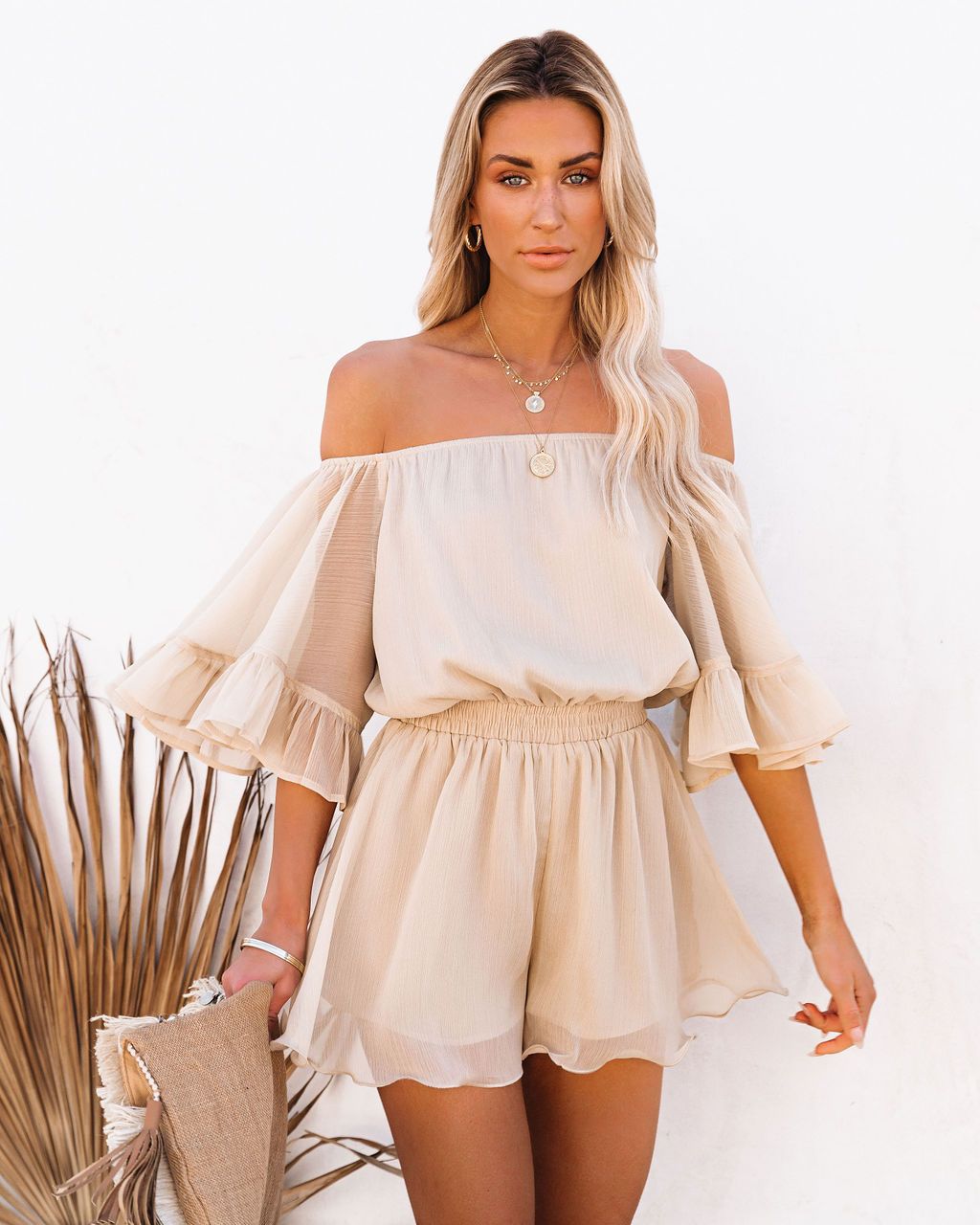 Summer Chiffon Off The Shoulder Tops & Pants Suits