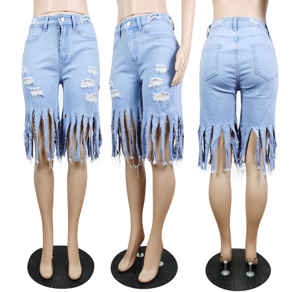 Casual Broken Holes Tassels Short Jeans