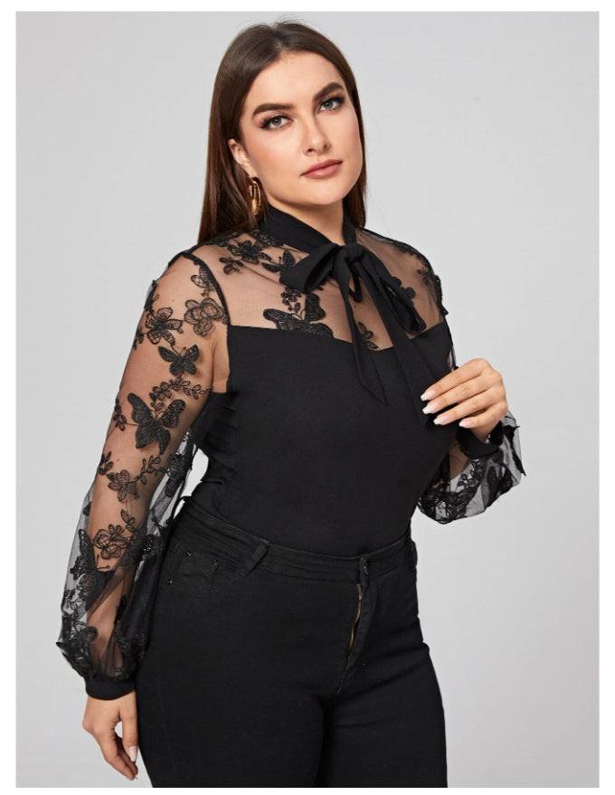 Black Tulle Plus Size Women Long Sleeves Shirts