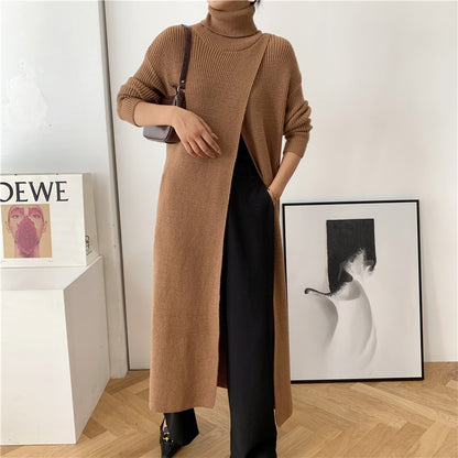 Designed High Neck Split Knitted Pullover Long Dresses
