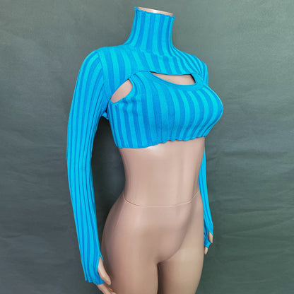 Sexy High Neck Knitting Women Short Tops Suits